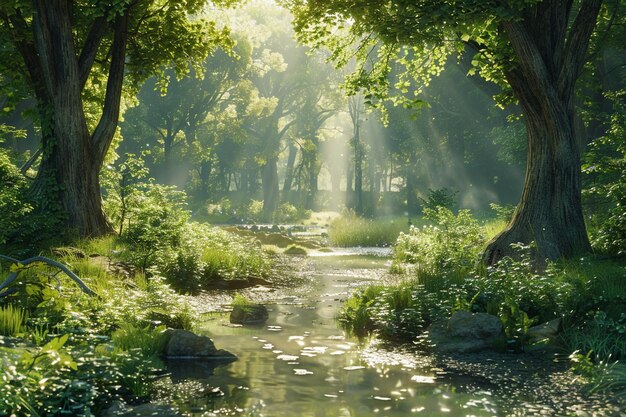 A serene forest glade with dappled sunlight and a