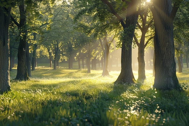 A serene forest glade with sunlight filtering thro