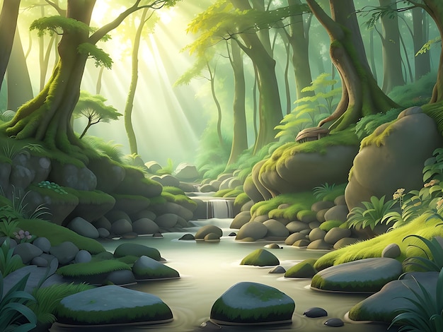 serene forest glade with sunlight filtering through the trees mosscovered rocks and a gentle stre