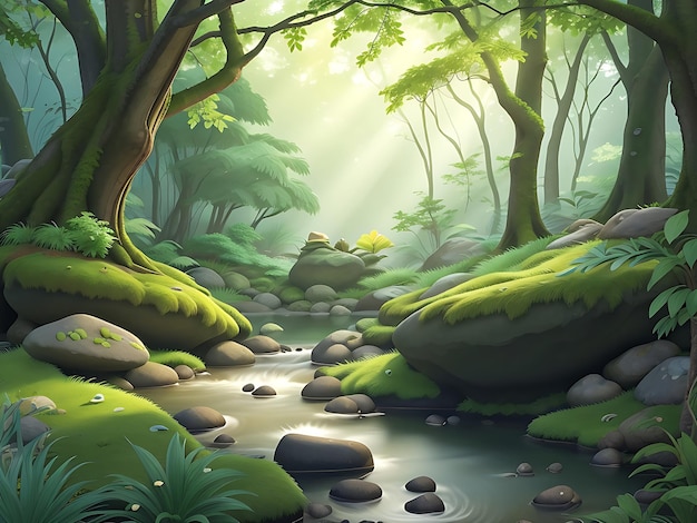 serene forest glade with sunlight filtering through the trees mosscovered rocks and a gentle stre