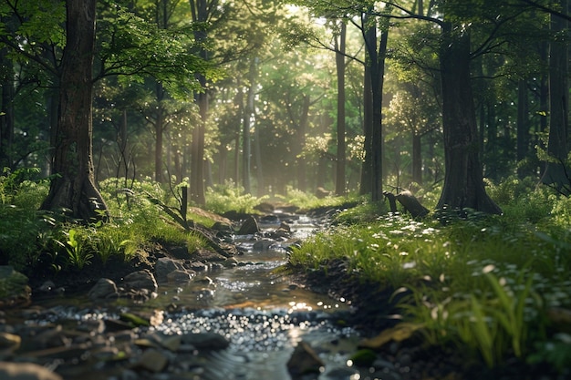 A serene forest glade with a trickling stream