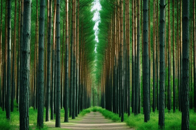 A serene forest path surrounded by towering trees