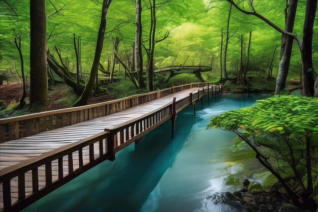 Serene Forest Path Tranquil Beauty Along the Wooden Bridge