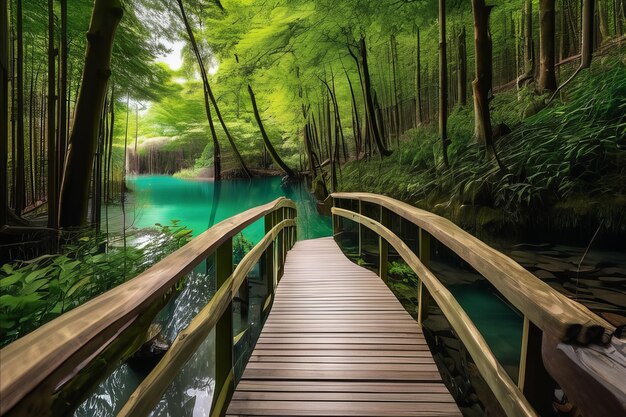 Serene Forest Path Tranquil Beauty Along the Wooden Bridge