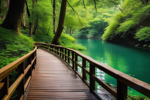 Serene Forest Path Tranquil Beauty Along the Wooden Bridge