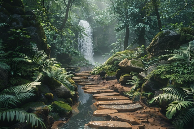 Photo serene forest pathway leading to a hidden waterfal