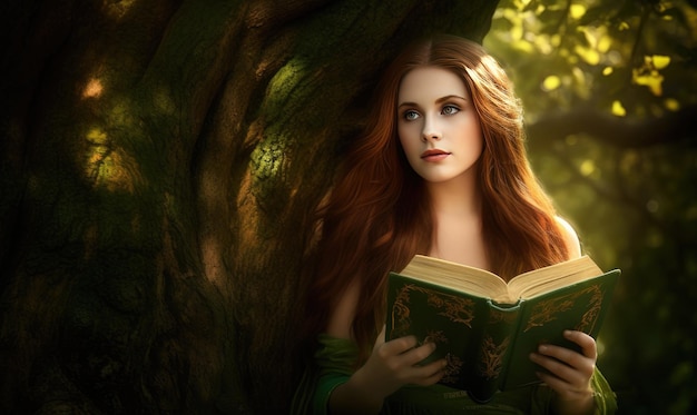 The serene forest provided the perfect backdrop for the Celt woman and her book Creating using generative AI tools