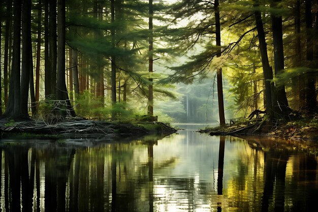 Serene Forest Reflection in Lake