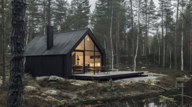 A serene forest retreat with a modern Scandinavian house AI generated illustration
