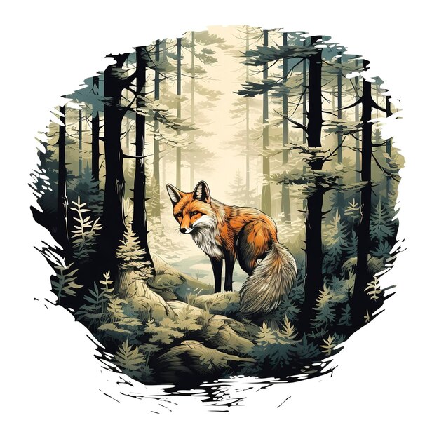 A serene forest scene with a hidden fox among the trees