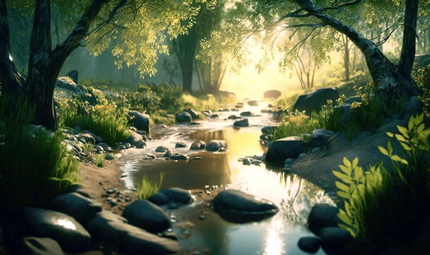 A serene forest scene with rays of sunshine illuminating a babbling brook