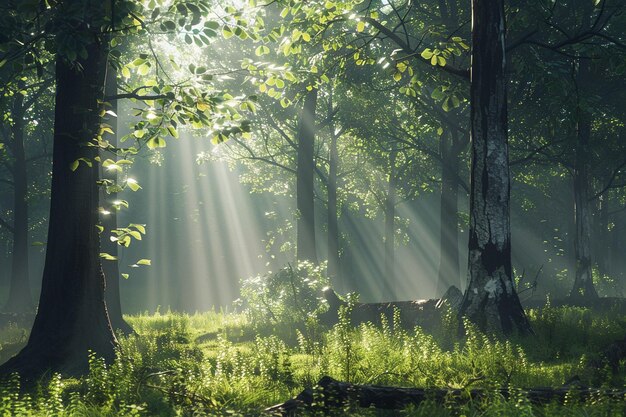 A serene forest scene with sunlight filtering thro