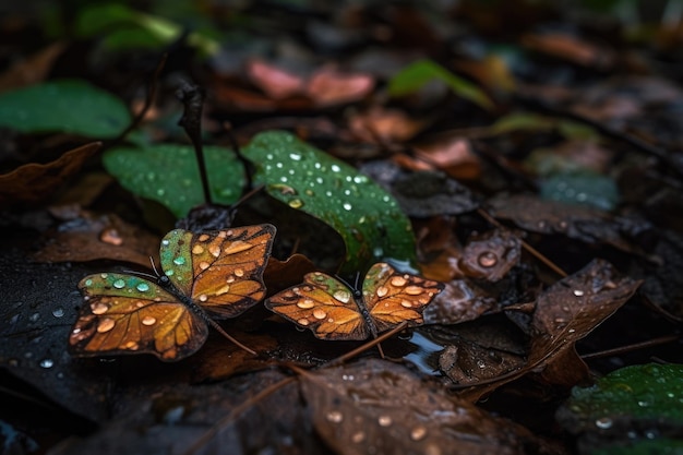 Безмятежный лес, мокрые листья и разноцветные бабочки танцуют генеративный ИА