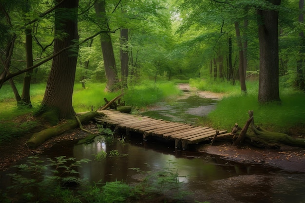 Photo serene forest with duckboards path and babbling brook