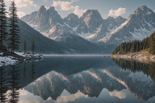 Photo serene frosty morning by a mountain lake