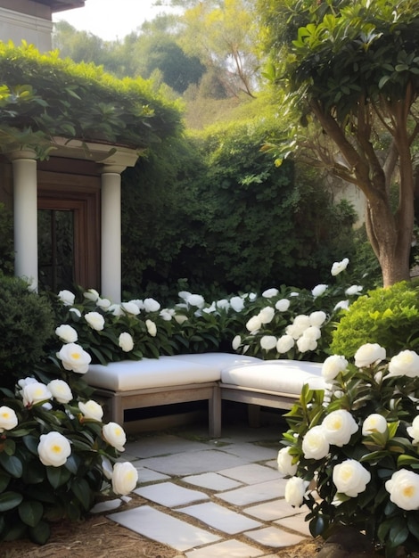 Спокойный уголок сада с белыми камелиями, образующими естественный каркас