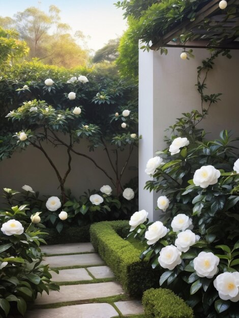 A serene garden corner with white camellias forming a natural frame