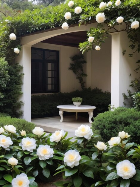 색 카멜리아 가 자연적 인 틀 을 형성 하는 조용 한 정원 모이