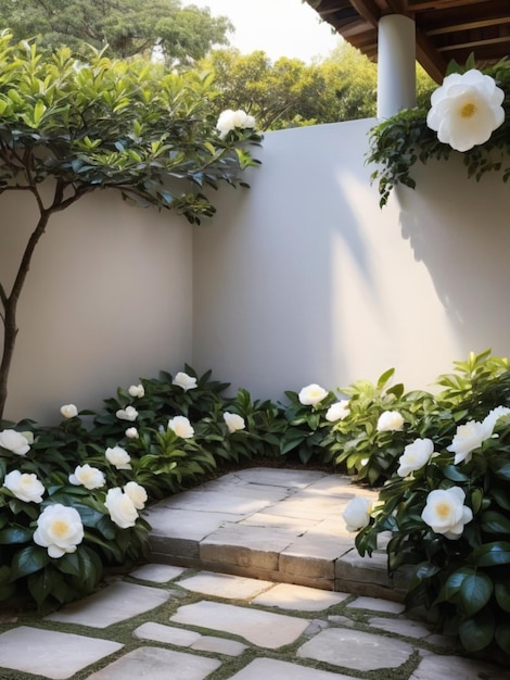 A serene garden corner with white camellias forming a natural frame