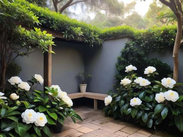 A serene garden corner with white camellias forming a natural frame