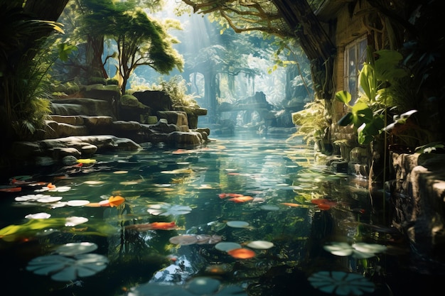 Serene Garden Pond with Koi Fish Gliding Through the Crystalclear Water Generative AI