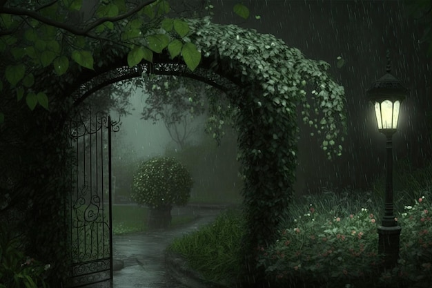 Premium Photo  Serene garden scene on a rainy night illuminated by a lamp  post Generative AI