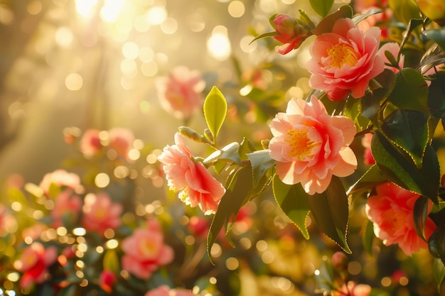 Photo serene garden at sunrise with radiant sunbeams illuminating blooming pink roses tranquil nature