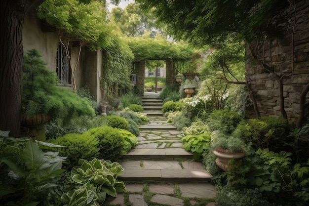Serene garden with lush foliage and stone pathways twisting through the greenery
