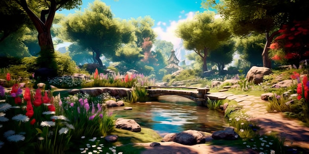 Serene garden with a pond blooming flowers and a stone pathway leading to a secluded bench Generative AI