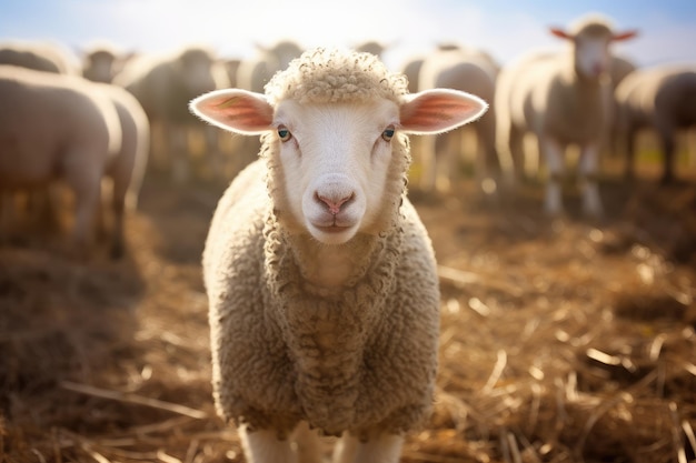 Спокойный взгляд молодой овцы в золотом пасторальном свете Генеративный ИИ