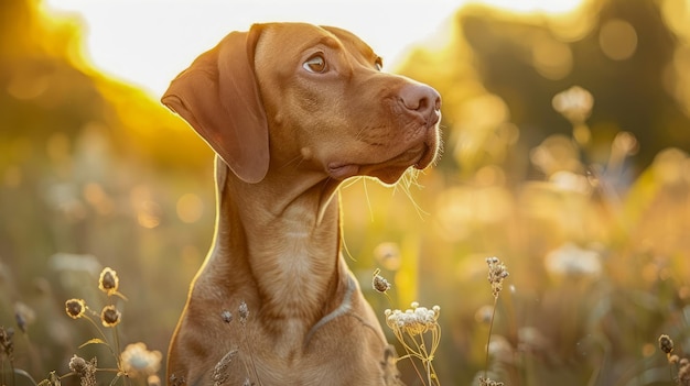 Serene Golden Hour Portret van een bruine hond met boeiende ogen in een weelderige weide