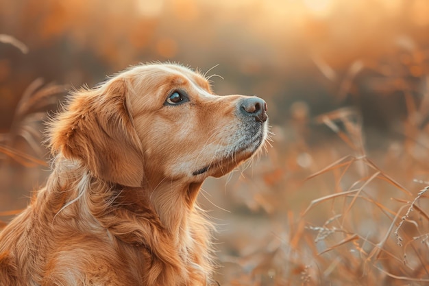 Serene Golden Retriever Hond kijkt in de verte in de herfst natuur Golden Hour Light