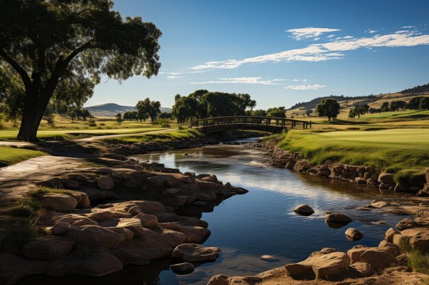 Serene golf course under blue sky with players generative IA