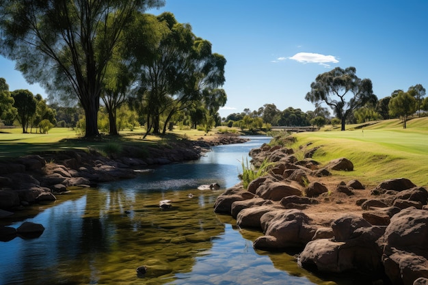 Serene golf course under blue sky with players generative IA