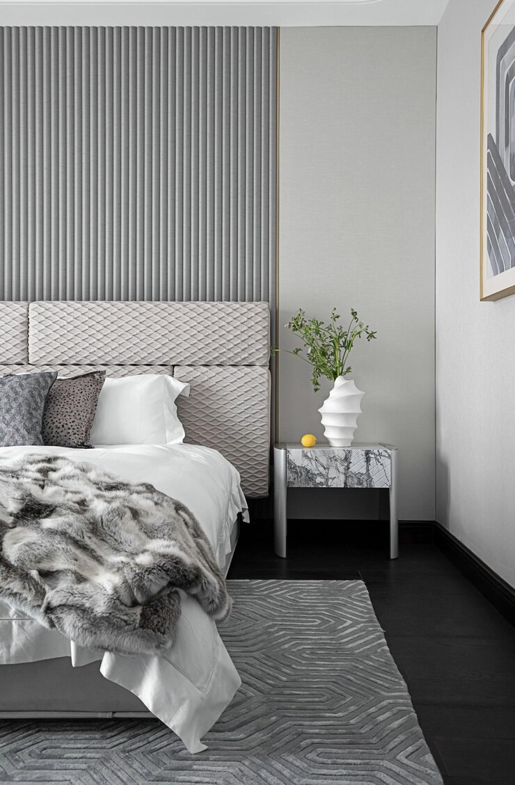 Photo serene gray bedroom interior