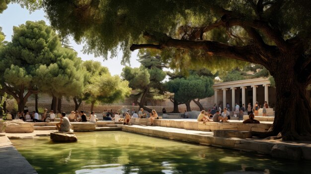 Фото Спокойная греческая агора, где философы собираются под древними оливковыми деревьями.