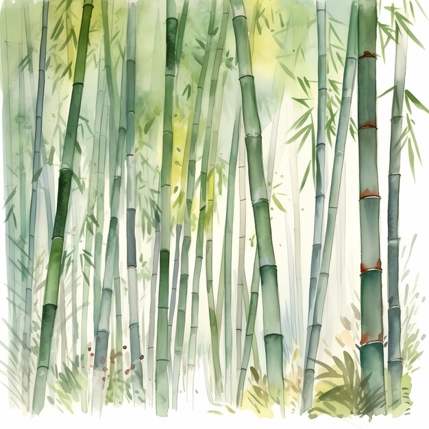 Serene Green Bamboo Forest Path Watercolor Landscape Painting Soothing Oriental Nature Art