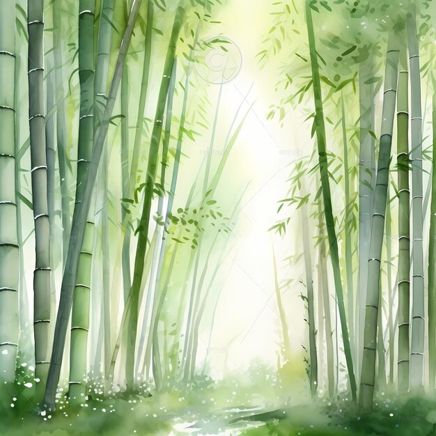 Serene green bamboo forest path watercolor landscape painting soothing oriental nature art