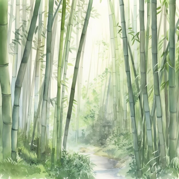 Serene green bamboo forest path watercolor landscape painting soothing oriental nature art