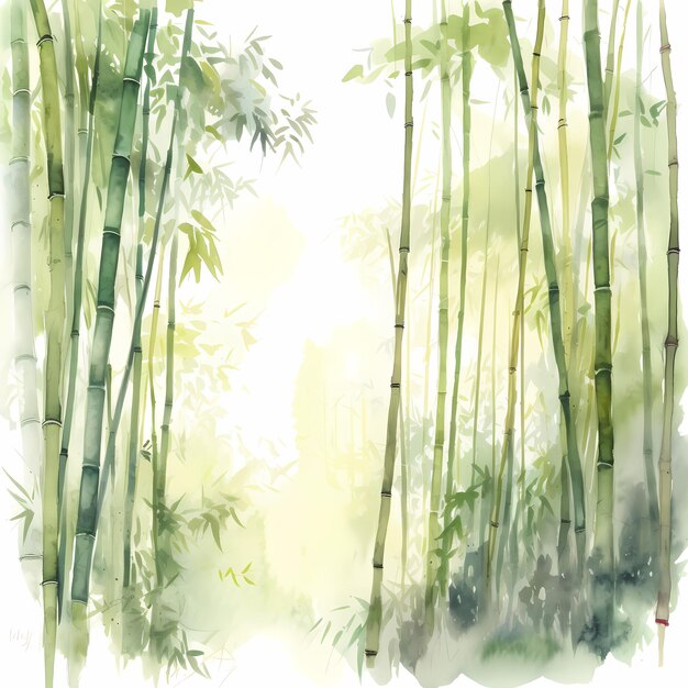 Serene Green Bamboo Forest Path Watercolor Landscape Painting Soothing Oriental Nature Art