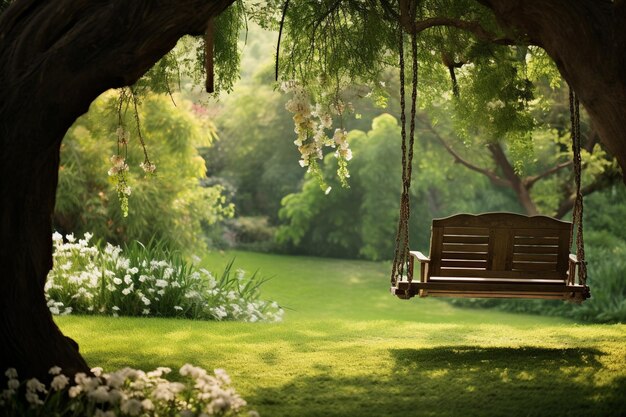 Foto a serene green garden with a winding stone pathway