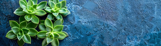 Foto succulenti verdi sereni su uno sfondo blu strutturato perfetti per l'arredamento della casa e gli appassionati di natura