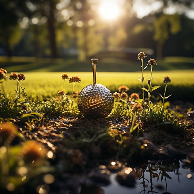 Serene Greens A Golf Club and a Golf Ball Resting on Lush Grass Under the Sky