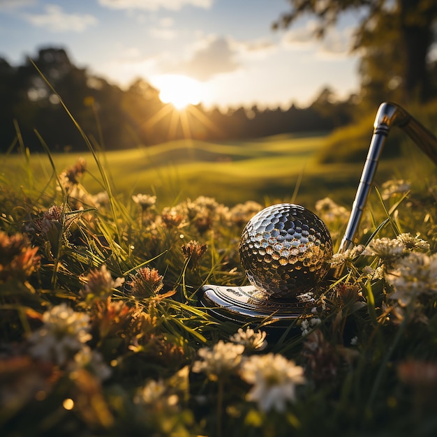 Serene Greens A Golf Club and a Golf Ball Resting on Lush Grass Under the Sky