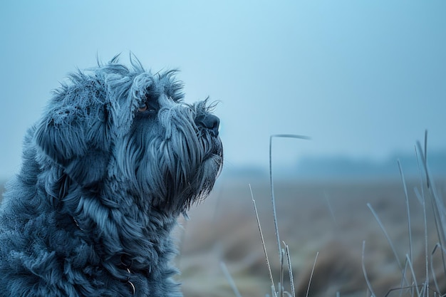 Photo serene grey dog sitting in a calm misty field at dawn peaceful canine in foggy countryside scenery