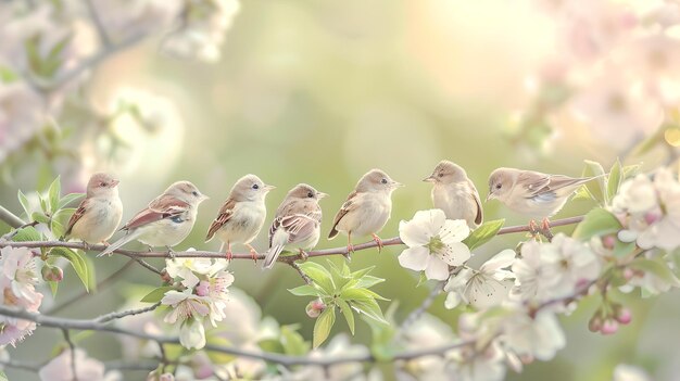 Serene groep mussen geplaatst op bloeiende takken lente harmonie zachte natuur scène zachte focus pasteltonen Perfect voor muurkunst en vreedzame achtergronden AI