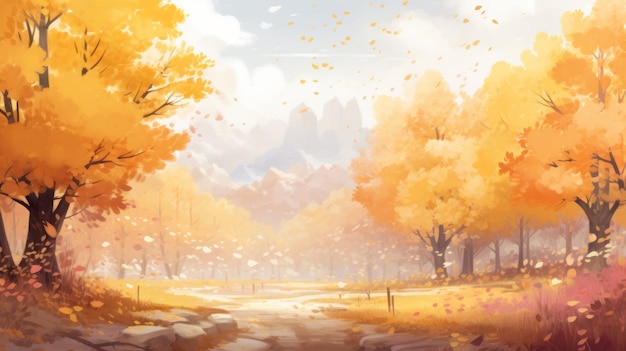 Serene Herfst Landschap Illustratieve Natuur Wallpaper In Anime Esthetic