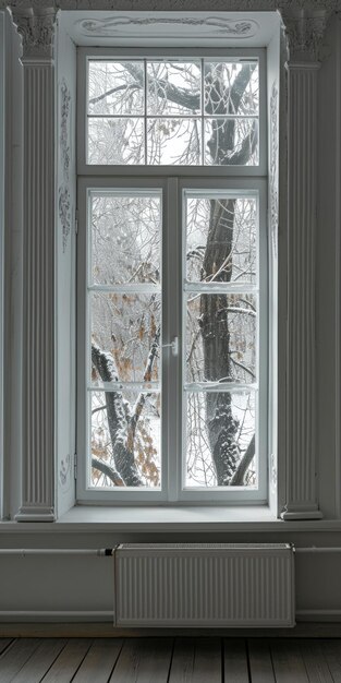 Photo serene home view white window in a warm empty room with a beautiful outdoor scene