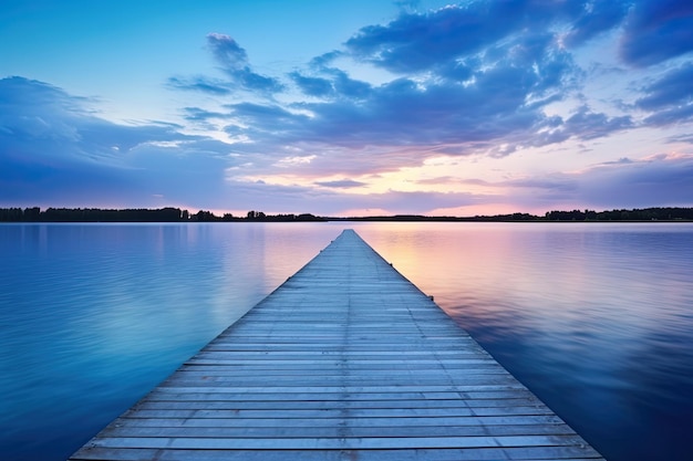 Serene Horizons houten pieren op Blue Lake met reflecterende Sunset Sky generatieve AI