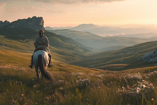 Photo serene horseback rides through rolling countryside